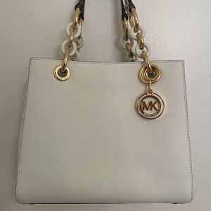 Michael Kore Cynthia Satchel Optic White Saffiano Leather